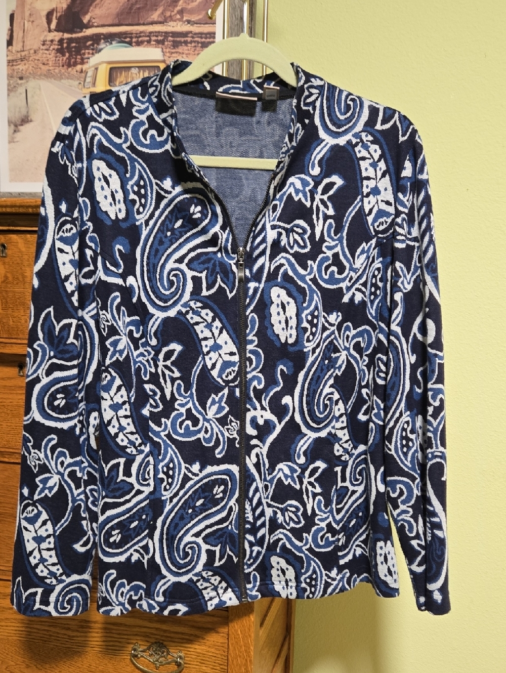 Chico's Navy and White Paisley Knit Zip Jacket